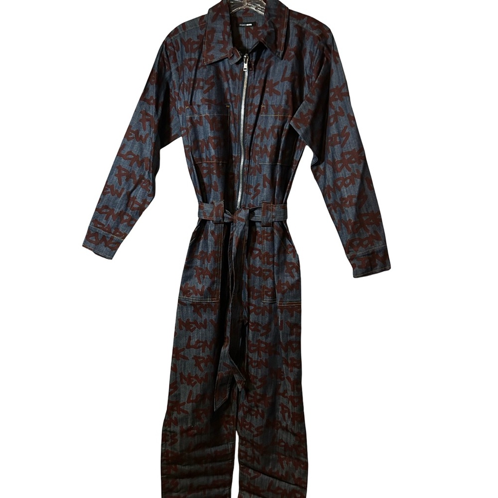 BRAND NEW!!! Fashion Nova Blue Jumpsuit with Brown Script Print